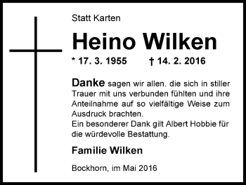 Traueranzeige von Heino Wilken von Nordwest-Zeitung