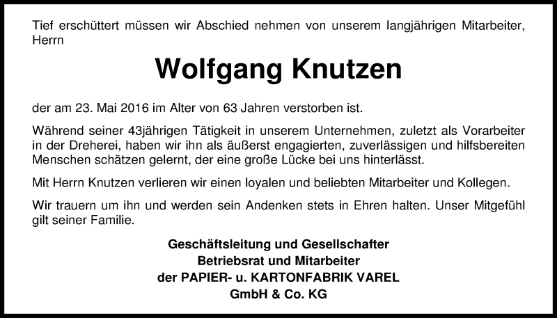 Traueranzeige für Wolfgang Knutzen vom 28.05.2016 aus Nordwest-Zeitung
