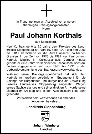 Traueranzeige von Paul Johann Korthals von Nordwest-Zeitung