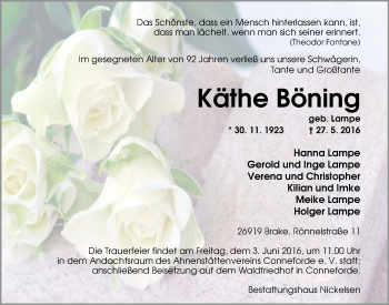 Traueranzeige von Käthe Böning von Nordwest-Zeitung