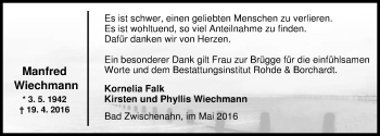 Traueranzeige von Manfred Wiechmann von Nordwest-Zeitung