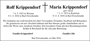 Traueranzeige von Maria Krippendorf von Nordwest-Zeitung