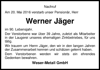 Traueranzeige von Werner Jäger von Nordwest-Zeitung