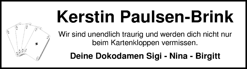  Traueranzeige für Kerstin Paulsen-Brink vom 28.05.2016 aus Nordwest-Zeitung