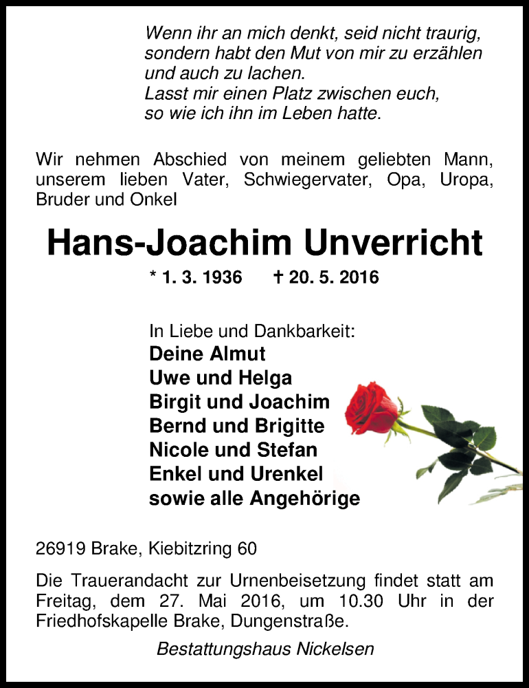  Traueranzeige für Hans-Joachim Unverricht vom 25.05.2016 aus Nordwest-Zeitung