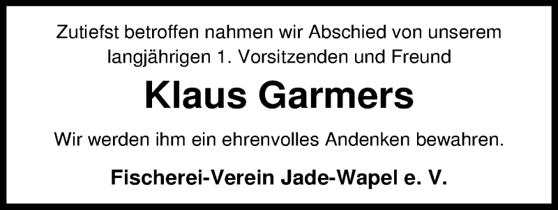  Traueranzeige für Klaus Garmers vom 24.05.2016 aus Nordwest-Zeitung