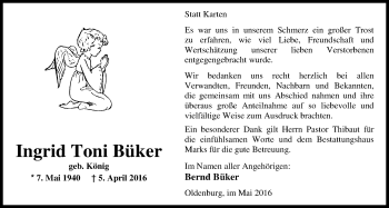 Traueranzeige von Ingrid Toni Büker von Nordwest-Zeitung