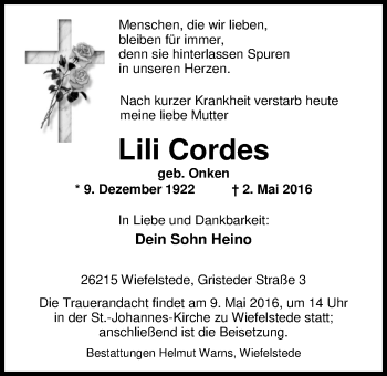 Traueranzeige von Lili Cordes von Nordwest-Zeitung
