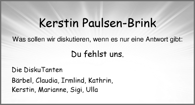  Traueranzeige für Kerstin Paulsen-Brink vom 28.05.2016 aus Nordwest-Zeitung