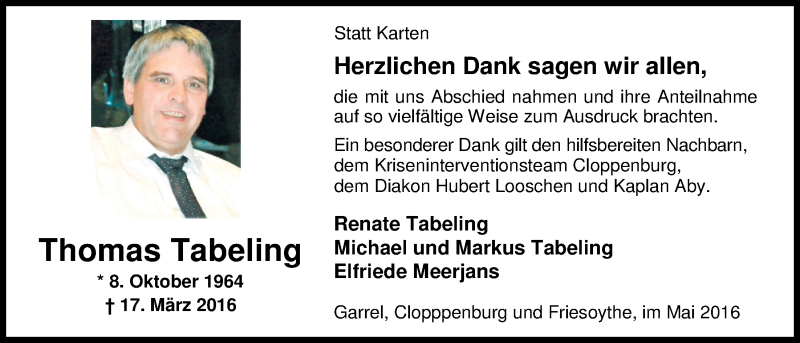  Traueranzeige für Thomas Tabeling vom 14.05.2016 aus Nordwest-Zeitung
