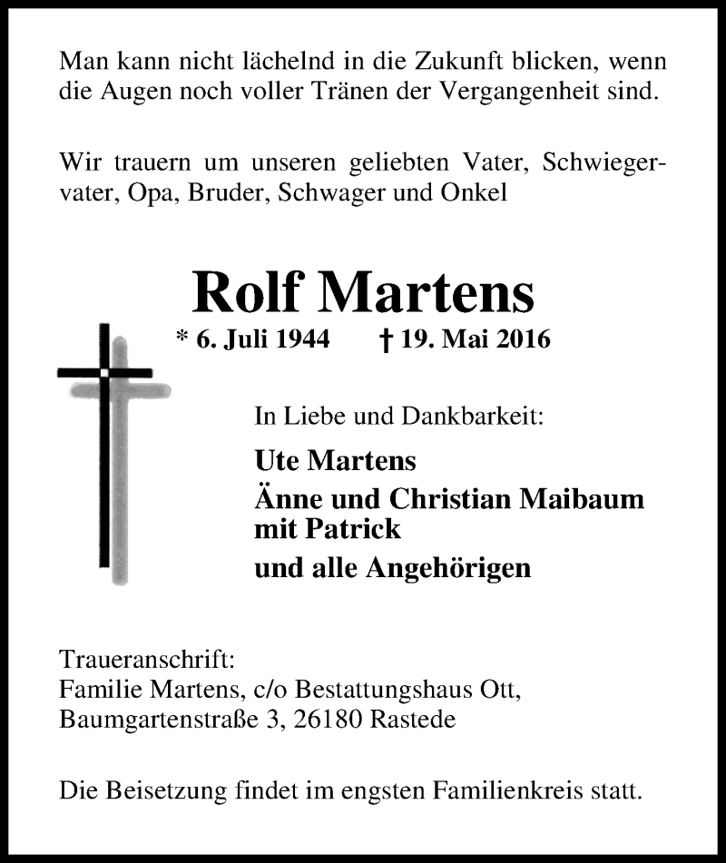  Traueranzeige für Rolf Martens vom 23.05.2016 aus Nordwest-Zeitung
