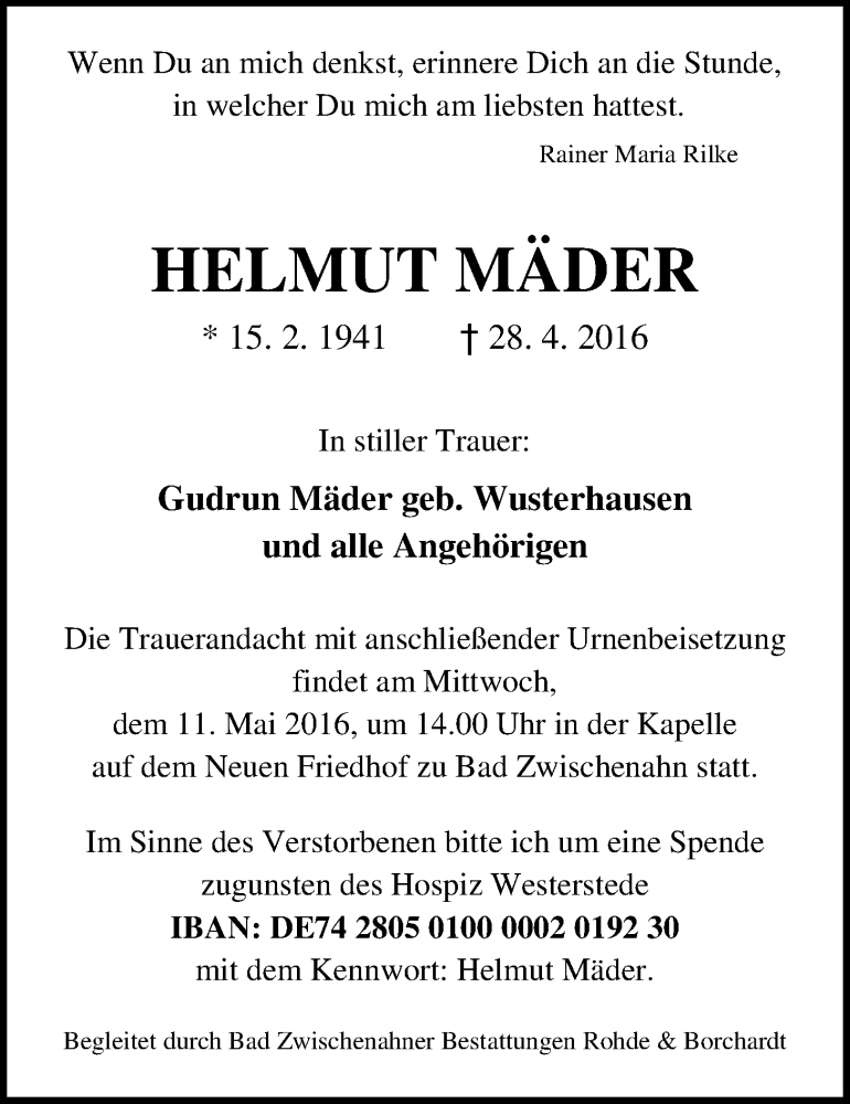  Traueranzeige für Helmut Mäder vom 04.05.2016 aus Nordwest-Zeitung