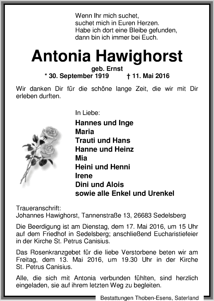  Traueranzeige für Antonia Hawighorst vom 13.05.2016 aus Nordwest-Zeitung