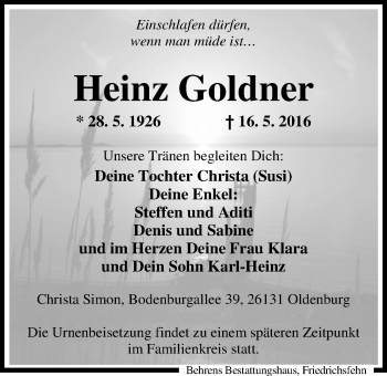 Traueranzeige von Heinz Goldner von Nordwest-Zeitung