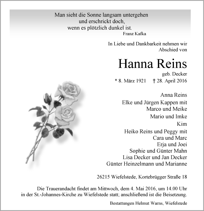  Traueranzeige für Hanna Reins vom 02.05.2016 aus Nordwest-Zeitung