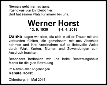 Traueranzeige von Werner Horst von Nordwest-Zeitung