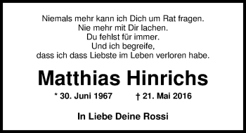Traueranzeige von Matthias Hinrichs von Nordwest-Zeitung
