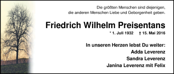 Traueranzeige von Friedrich Wilhelm Preisentans von Nordwest-Zeitung