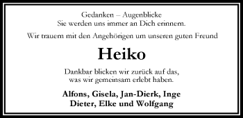 Traueranzeige von Heiko Fricke von Nordwest-Zeitung