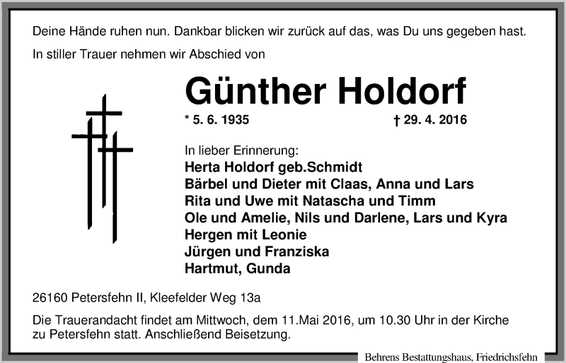  Traueranzeige für Günther Holdorf vom 04.05.2016 aus Nordwest-Zeitung