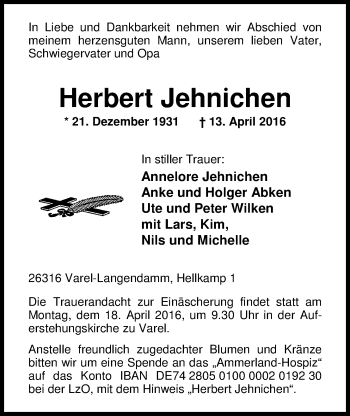 Traueranzeige von Herbert Jehnichen von Nordwest-Zeitung