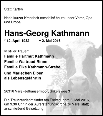Traueranzeige von Hans-Georg Kathmann von Nordwest-Zeitung