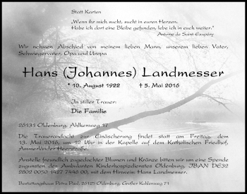 Traueranzeige von Hans (Johannes) Landmesser von Nordwest-Zeitung