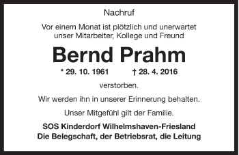 Traueranzeige von Bernd Prahm von Nordwest-Zeitung