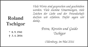 Traueranzeige von Roland Tschigor von Nordwest-Zeitung
