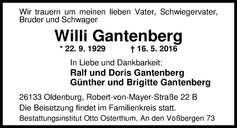  Traueranzeige für Willi Gantenberg vom 21.05.2016 aus Nordwest-Zeitung