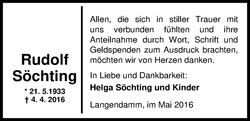  Traueranzeige für Rudolf Söchting vom 07.05.2016 aus Nordwest-Zeitung