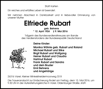 Traueranzeige von Elfriede Rubart von Nordwest-Zeitung