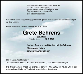 Traueranzeige von Grete Behrens von Nordwest-Zeitung