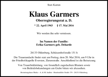 Traueranzeige von Klaus Garmers von Nordwest-Zeitung