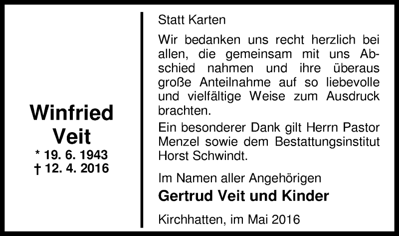  Traueranzeige für Winfried Veit vom 28.05.2016 aus Nordwest-Zeitung