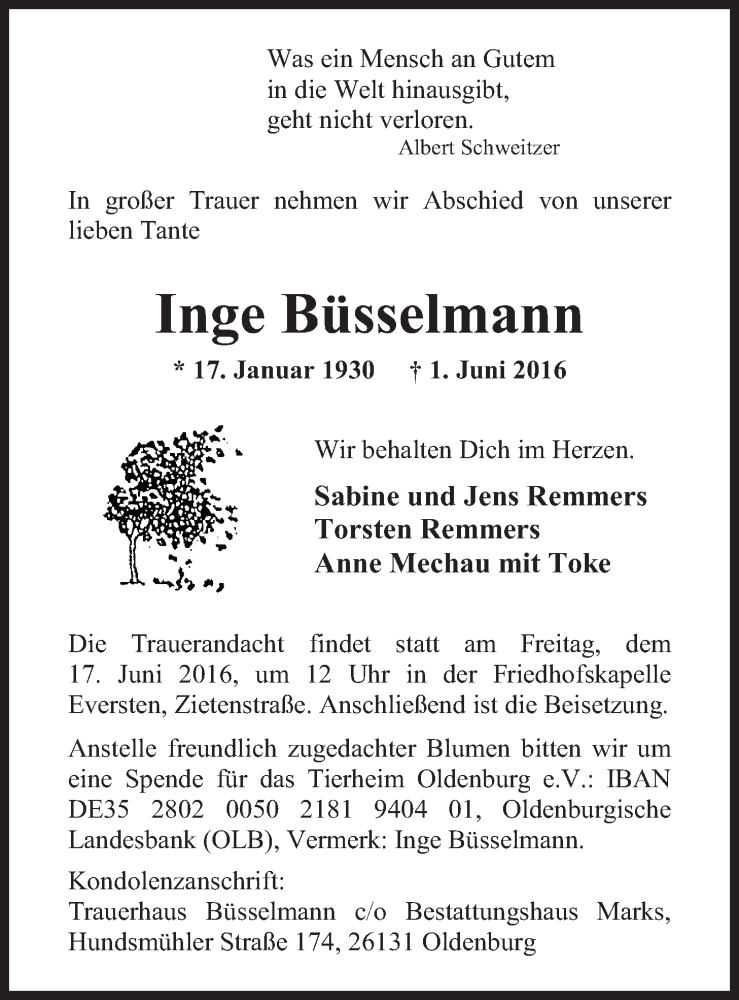  Traueranzeige für Inge Büsselmann vom 10.06.2016 aus Nordwest-Zeitung