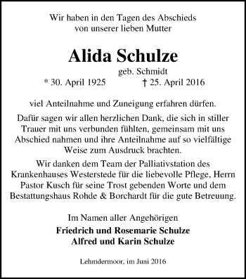 Traueranzeige von Alida Schulze von Nordwest-Zeitung