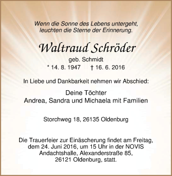 Traueranzeige von Waltraud Schröder von Nordwest-Zeitung