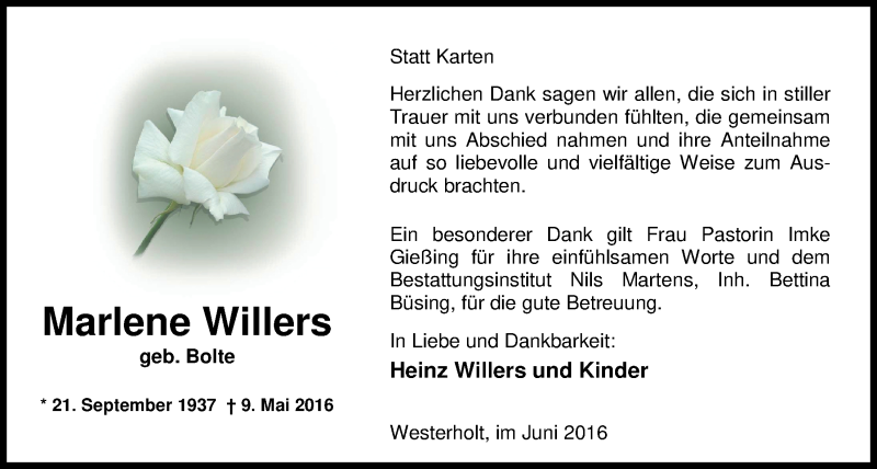  Traueranzeige für Marlene Willers vom 18.06.2016 aus Nordwest-Zeitung