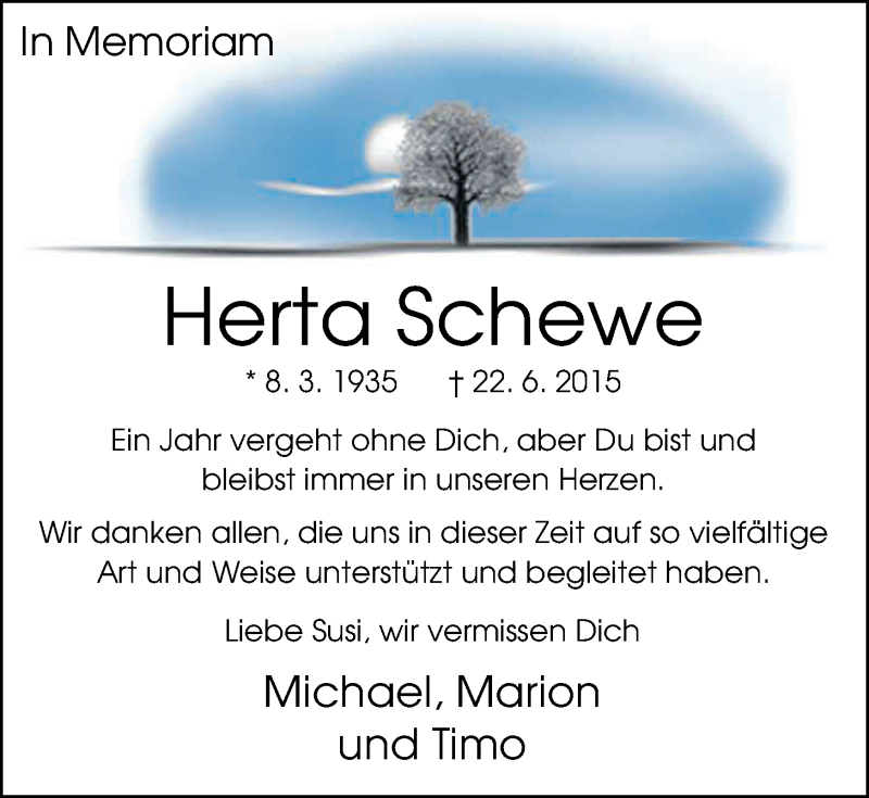  Traueranzeige für Herta Schewe vom 22.06.2016 aus Nordwest-Zeitung