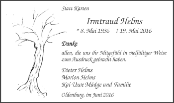 Traueranzeige von Irmtraud Helms von Nordwest-Zeitung