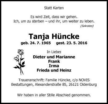 Traueranzeige von Tanja Hüncke von Nordwest-Zeitung