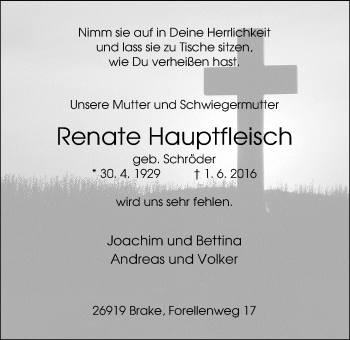 Traueranzeige von Renate Hauptfleisch von Nordwest-Zeitung
