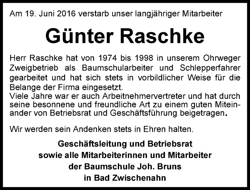  Traueranzeige für Günter Raschke vom 21.06.2016 aus Nordwest-Zeitung