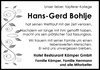 Traueranzeige von Hans-Gerd Bohlje von Nordwest-Zeitung
