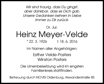 Traueranzeige von Heinz Meyer-Velde von Nordwest-Zeitung