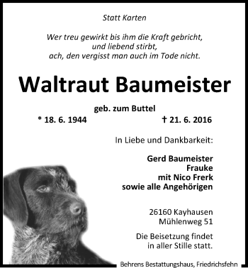 Traueranzeige von Waltraut Baumeister von Nordwest-Zeitung
