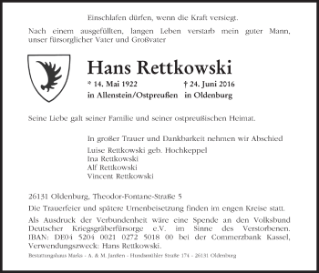 Traueranzeige von Hans Rettkowski von Nordwest-Zeitung