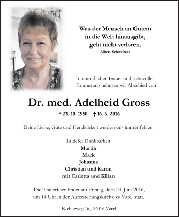 Traueranzeige von Adelheid Dr. Gross von Nordwest-Zeitung