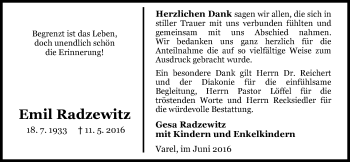 Traueranzeige von Emil Radzewitz von Nordwest-Zeitung